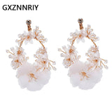 Chiffon Flower Clip on Earrings Crystal Bridal Wedding Drop Earring