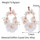 Chiffon Flower Clip on Earrings Crystal Bridal Wedding Drop Earring