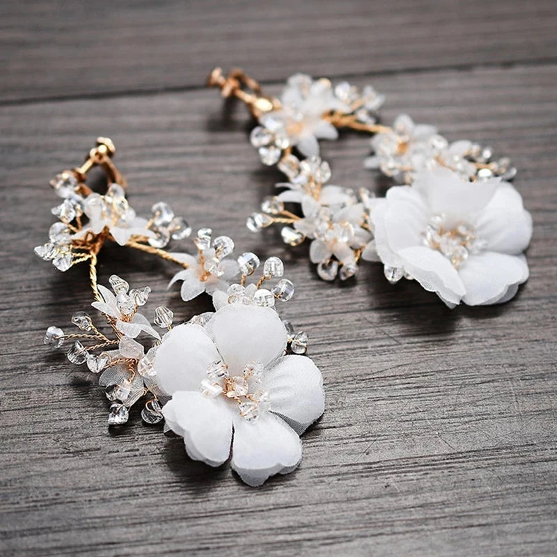 Chiffon Flower Clip on Earrings Crystal Bridal Wedding Drop Earring