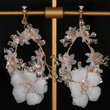 Chiffon Flower Clip on Earrings Crystal Bridal Wedding Drop Earring