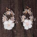 Chiffon Flower Clip on Earrings Crystal Bridal Wedding Drop Earring