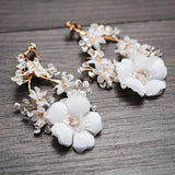 Chiffon Flower Clip on Earrings Crystal Bridal Wedding Drop Earring