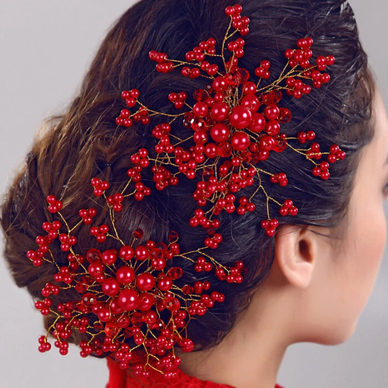 Chinese Wedding Hair Accessories Red Bride Headdress Bridal Pearl Hair Side Comb