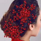 Chinese Wedding Hair Accessories Red Bride Headdress Bridal Pearl Hair Side Comb