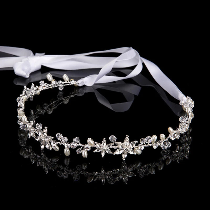 Crystal Beaded Wedding Headband Flower Leaf Pearl Bride Headpiece
