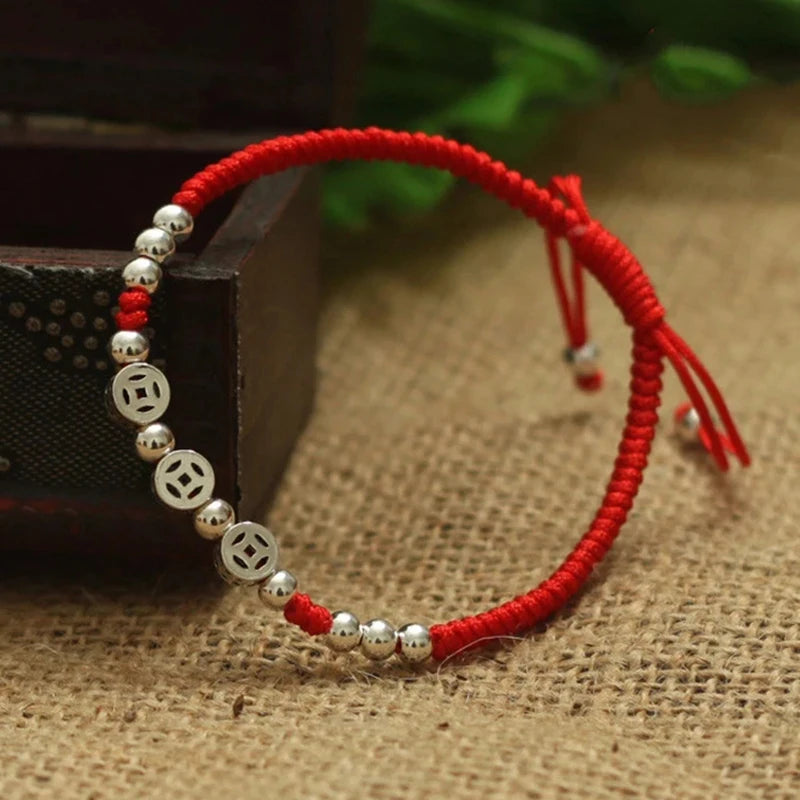 Coin Bangle Bracelet 925 Sterling Silver Red Thread Party Jewelry