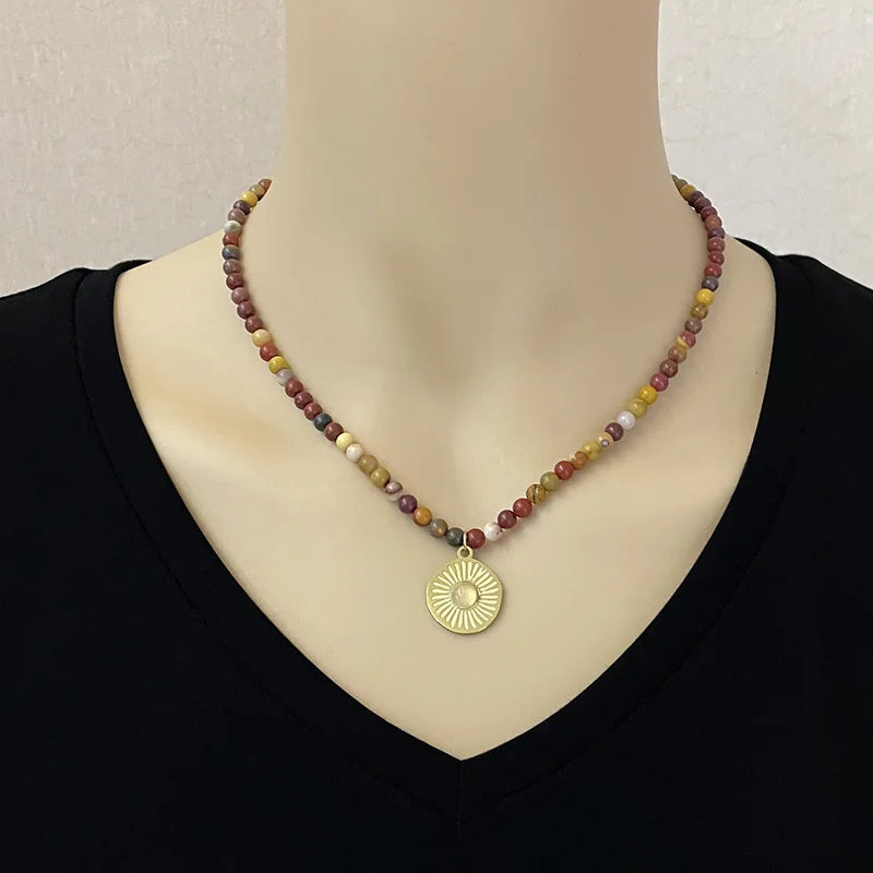 Colorful Natural Stone Beaded Necklace Bohemian Pendant Collier Femme