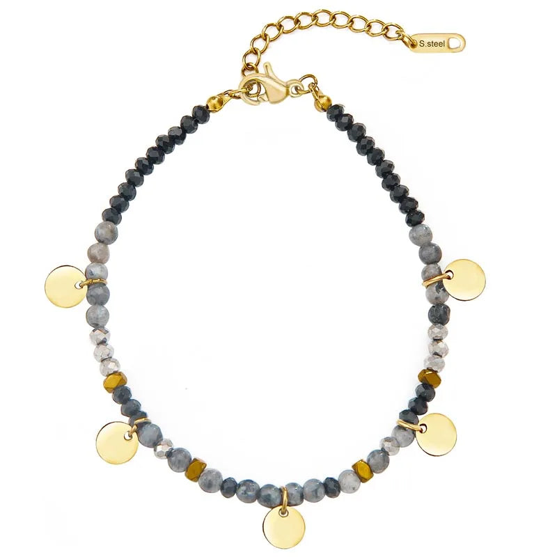 Colorful Stone Beads Chain Bracelet with Stainless Steel Round Disc Charm