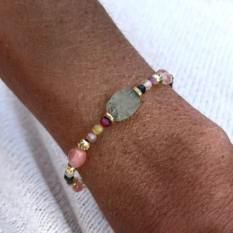 Colorful Tourmaline Beaded Bracelet, Strawberry Quartz Green Aventrine Bangle