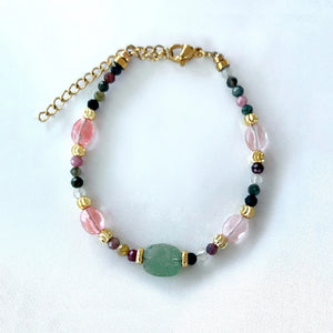 Colorful Tourmaline Beaded Bracelet, Strawberry Quartz Green Aventrine Bangle