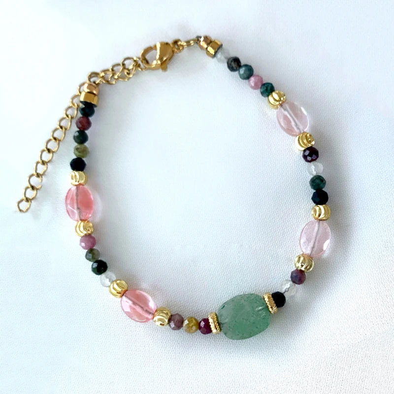 Colorful Tourmaline Beaded Bracelet, Strawberry Quartz Green Aventrine Bangle