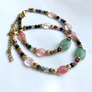 Colorful Tourmaline Beaded Bracelet, Strawberry Quartz Green Aventrine Bangle