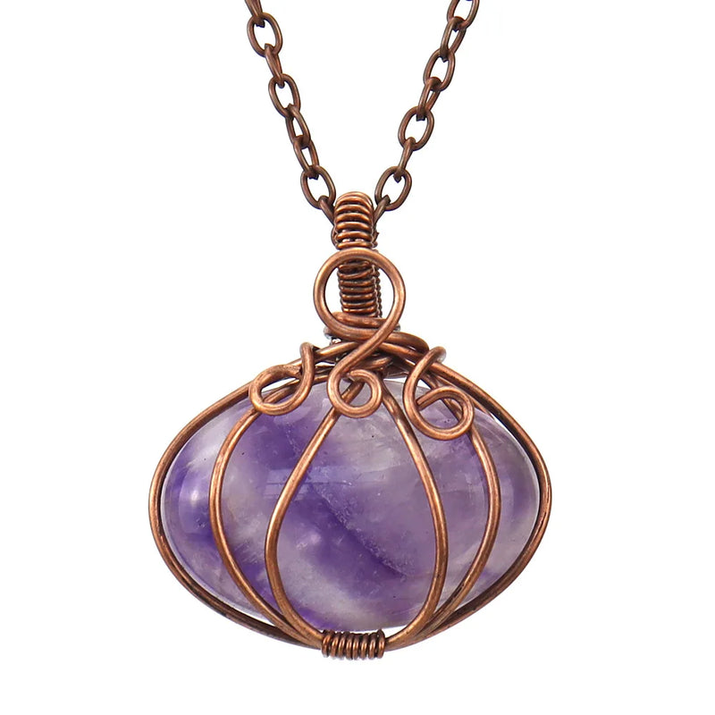 Copper Wire Crystal Jack-o-lantern Pendant Necklace