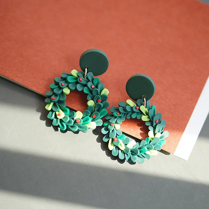 Christmas Holiday Colors Floral Wreath Polymer Clay Dangle Earrings Set