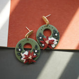 Christmas Holiday Colors Floral Wreath Polymer Clay Dangle Earrings Set