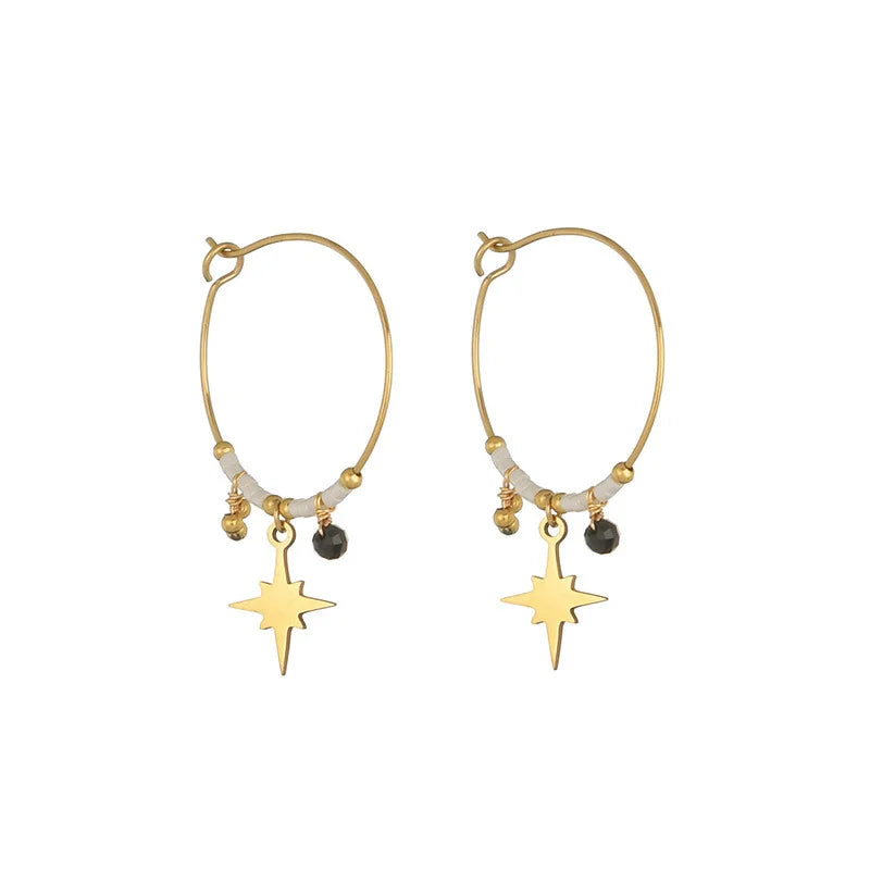 Crystal Beaded Circle Hoop Earrings Stainless Steel Star Jewelry