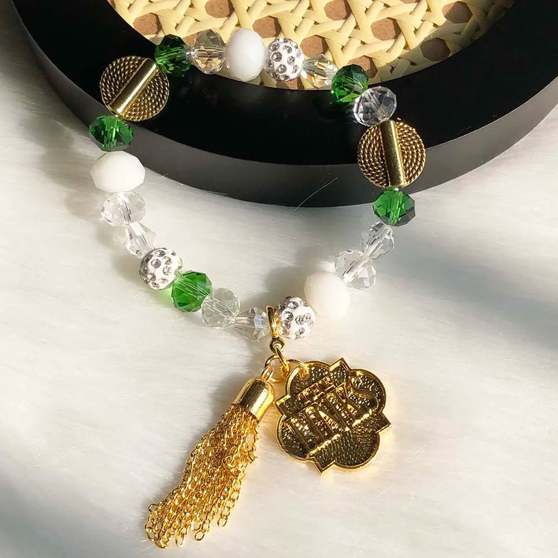 Greek Sorority Elastic Line Green Crystal Tassel Pendant Bracelet
