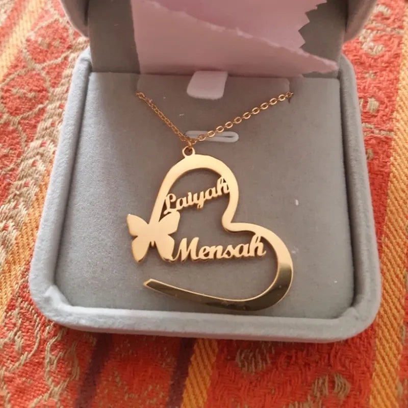 Personalized Butterfly Heart Necklace Stainless Steel Boho Jewelry