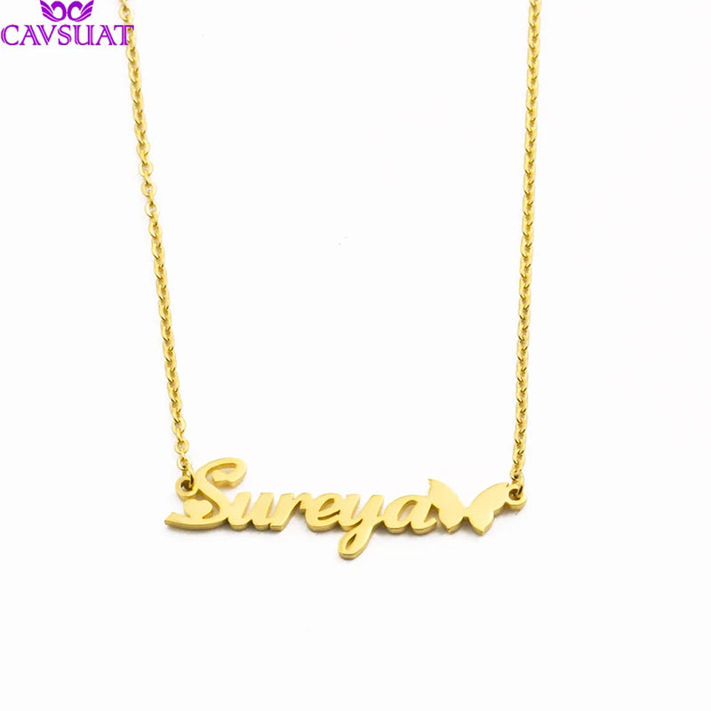 Butterfly Nameplate Necklaces Rose Chain Personalized Name Necklace Women Men