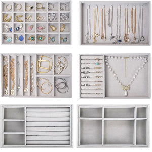 Gray Velvet Jewelry Box Drawer Organizer Earring Necklace Bracelet Tray