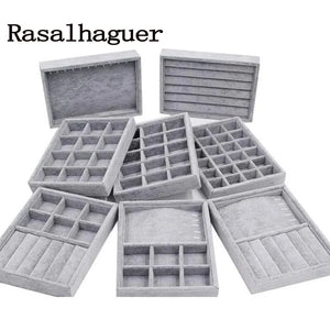 Gray Velvet Jewelry Box Drawer Storage Organizer Necklace Earring Bracelet Tray