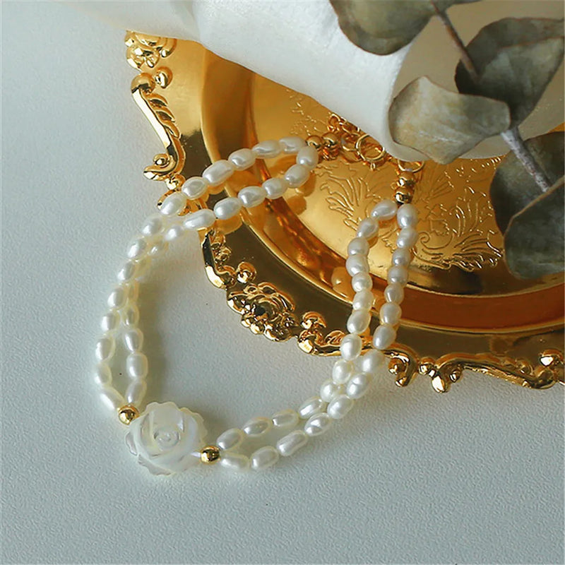 Double Layer Freshwater Pearls Charm Bracelet Vintage Shell Rose
