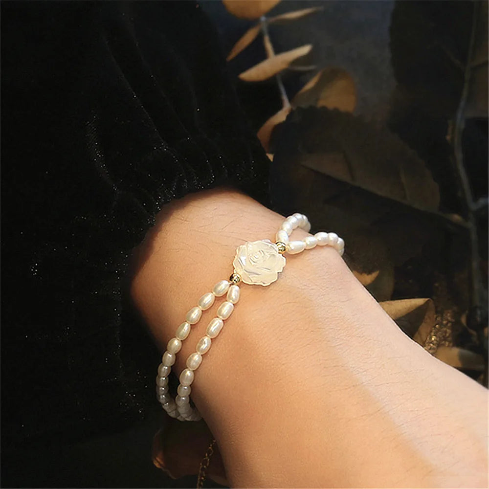 Double Layer Freshwater Pearls Charm Bracelet Vintage Shell Rose