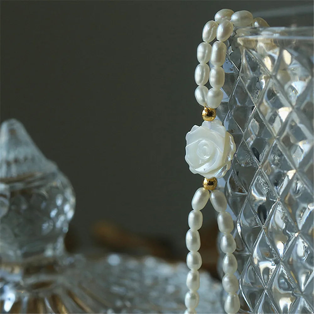 Double Layer Freshwater Pearls Charm Bracelet Vintage Shell Rose