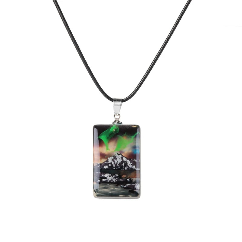 Aurora Micro Landscape Resin Pendant Necklace Snow Mountain