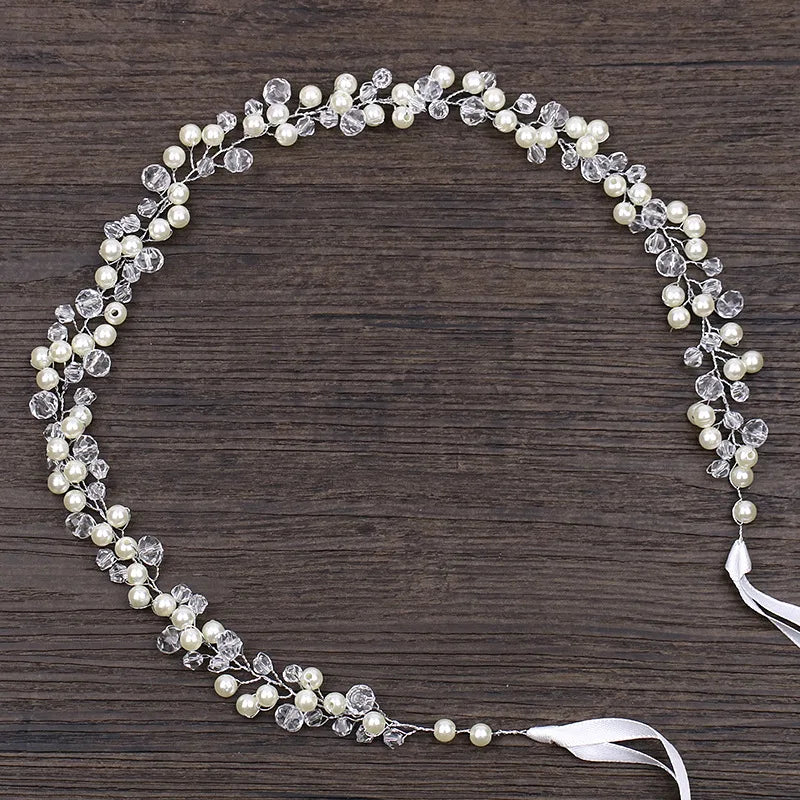 Pearl Wedding Headbands Ribbon Beaded Women Hair Band Bridal Hairpiece