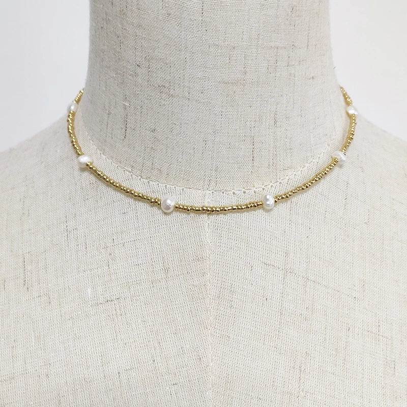 Beaded Necklace Gold-Color Beads Freshwater Pearl Ladies High Fashion Accessory