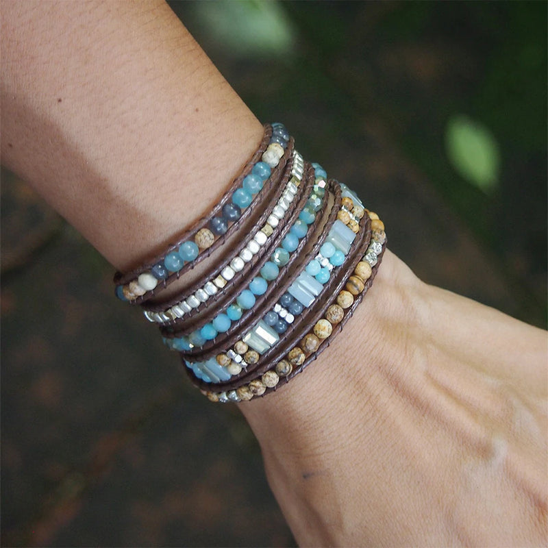 Natural Stones Crystal Mix 5 Strands Wrap Bracelets Men Women Bohemain Handwoven