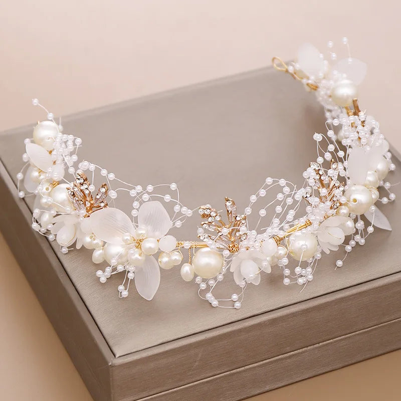 Floral Flowers Hair Band Pearl Ribbon Yarn Wedding Headbands