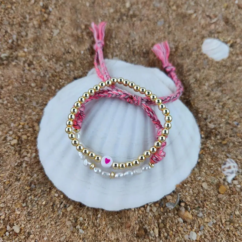 Freshwater Pearl Bracelet Braided Stone Golden Beads Lucky Rope