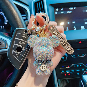Rhinestones Bear Keychain Cartoon Anti-lost Number Plate Crown Key Chain