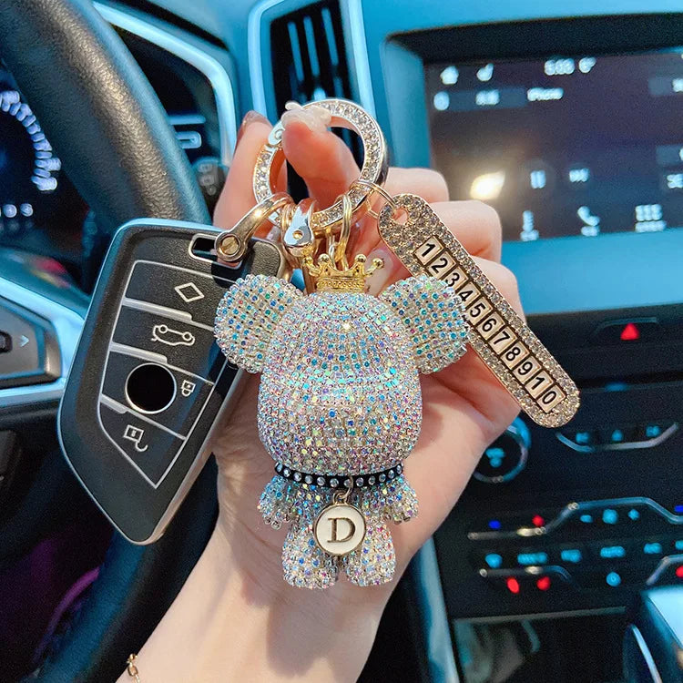 Rhinestones Bear Keychain Cartoon Anti-lost Number Plate Crown Key Chain