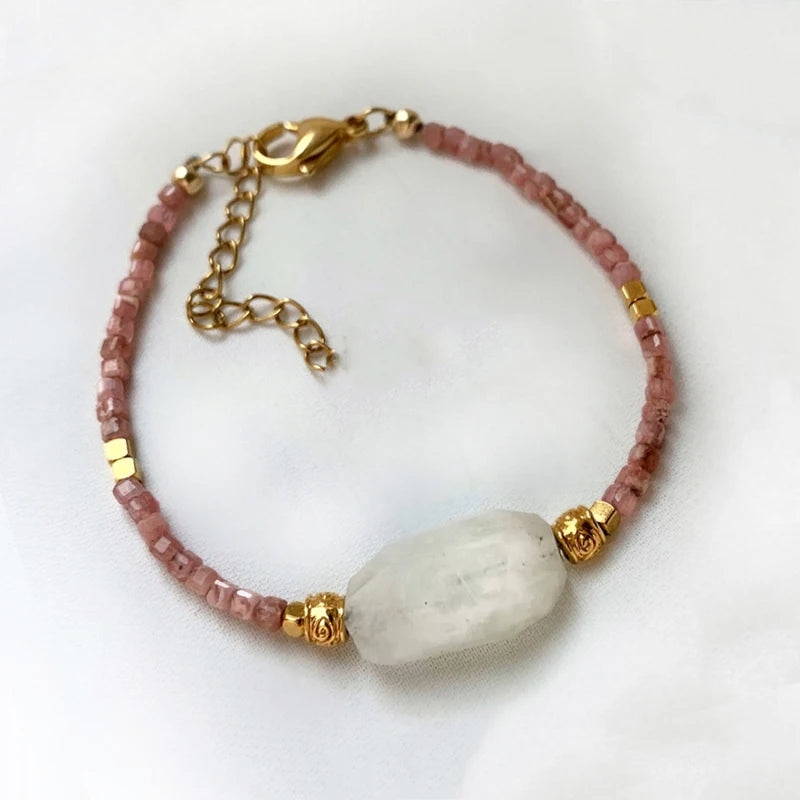 Natural Stone Copper Alloy Beads Bracelet Jade Rhodochrosite