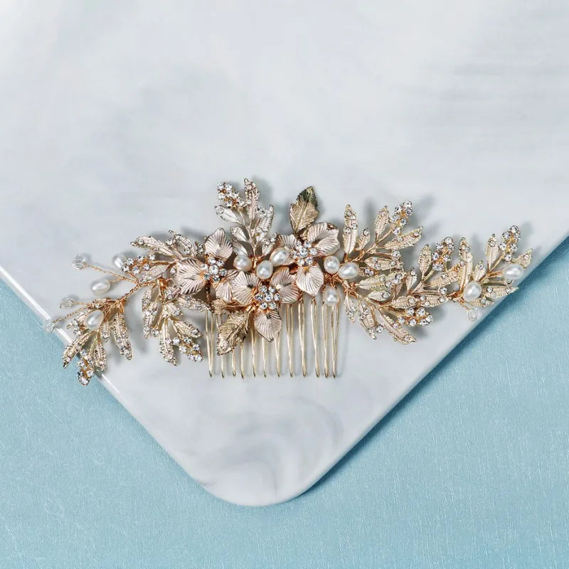 Floral Wedding Comb Hair Piece Leaf Pearls Bridal Accessories