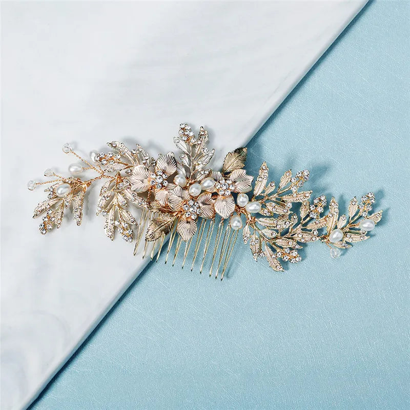 Floral Wedding Comb Hair Piece Leaf Pearls Bridal Accessories