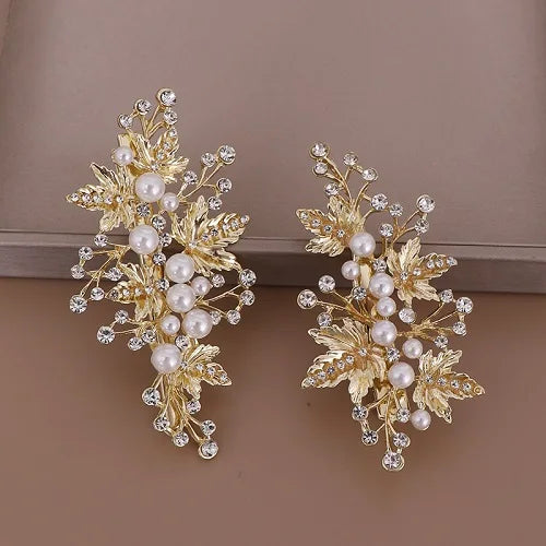 Golden/Silver Rhinestones Pearl Leaf Hair Clip Barrettes