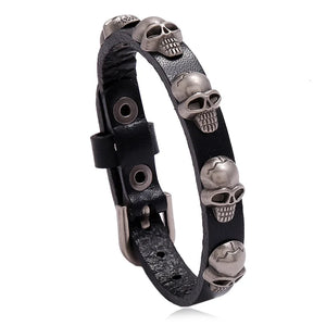 Gothic Skull Charm Leather Wrap Bangle