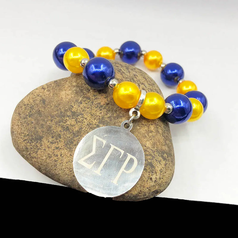 Greek Sorority SGR Yellow Pearl Stainless Steel Pendant Charm Bracelet