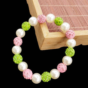 Greek Sorority Elastic Line Pear Green Pink Disco Ball Charm Bracelet