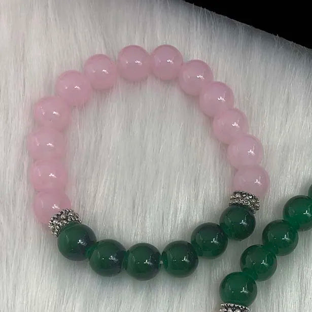 Greek Sorority Elastic Pink Green Jade Bead Charms Bracelet