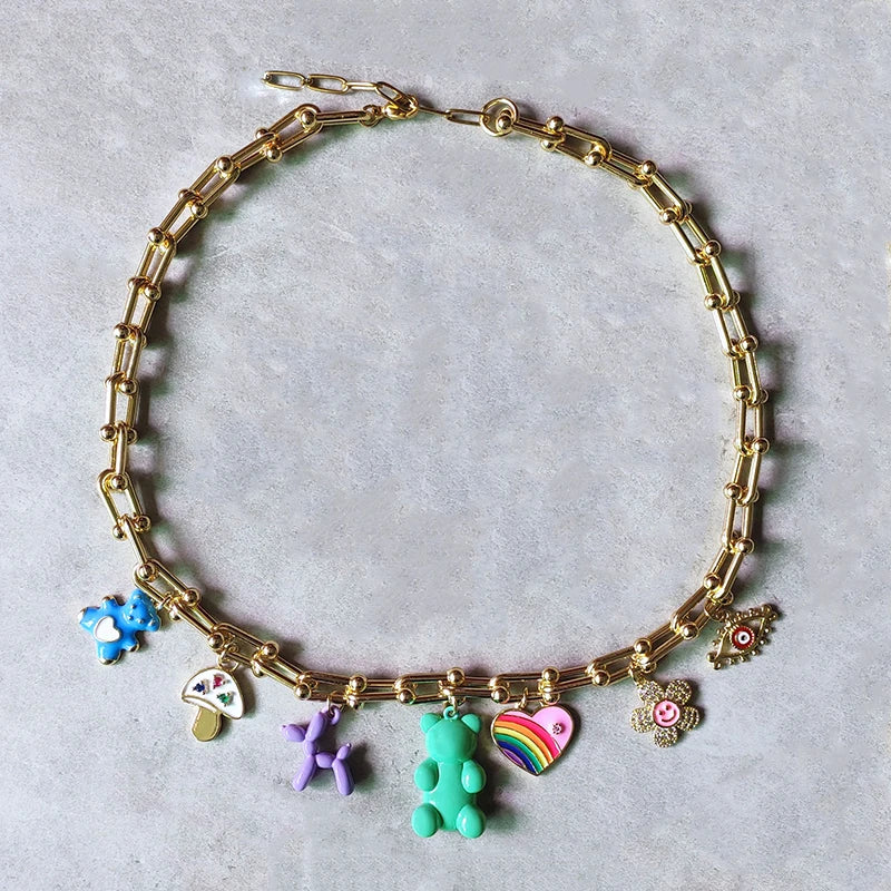 Green Purple Bear Pendant Collar Punk Horseshoe Chain Jewelry