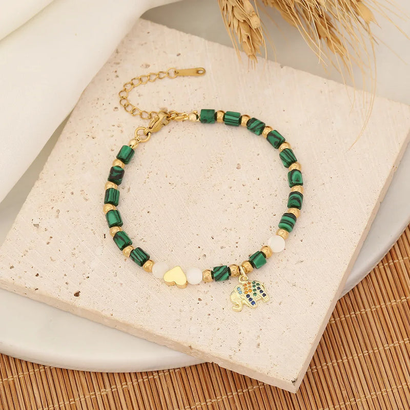 Green Stone Beaded Charm Bracelet for Women Girls
