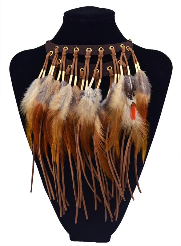 Indian Festive Moon Shaped Leather Chain Brown Feather Tassel Choker Necklace