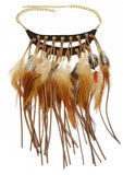 Indian Festive Moon Shaped Leather Chain Brown Feather Tassel Choker Necklace