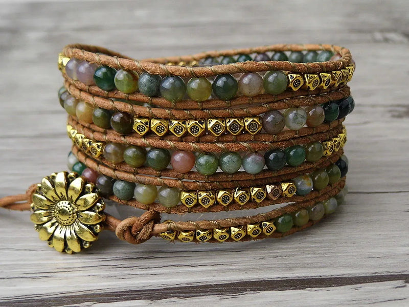 Indian Agates 5 Rows Beaded Leather Wrap Bracelet Gemstones Boho