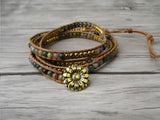 Indian Agates 5 Rows Beaded Leather Wrap Bracelet Gemstones Boho